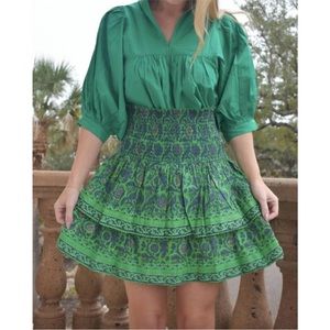 La Plage Palace Smocked Skirt SZ M Green Navy Multi